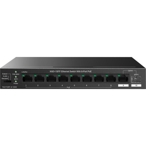 Коммутатор TEG1110PF-8-120W 8xGE PoE, 1xGE, 1xSFP, Неуправляемый Коммутатор TEG1110PF-8-120W 8xGE PoE, 1xGE, 1xSFP, Неуправляемый
