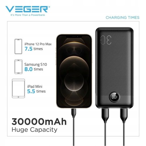 Внешний аккумулятор Power Bank VEGER 30000MAH (W3008PD) Фото №7