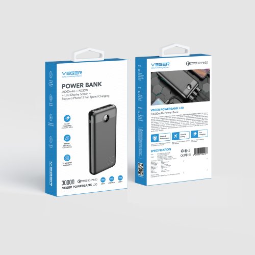 Внешний аккумулятор Power Bank VEGER 30000MAH (W3008PD) Фото №10