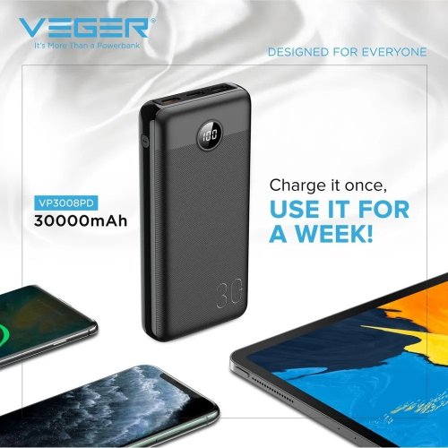 Внешний аккумулятор Power Bank VEGER 30000MAH (W3008PD) Фото №15
